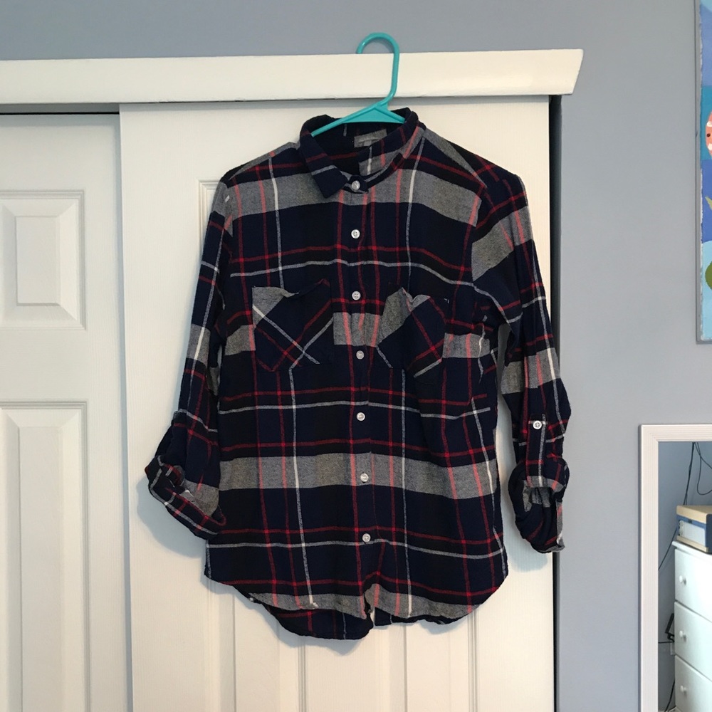 Blue and grey Flannel with split back, size large